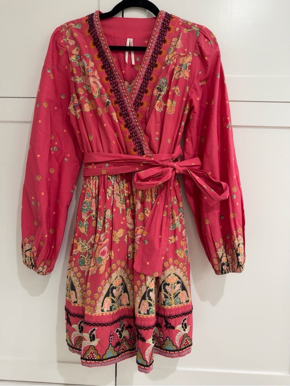 Anthropologie Pink Floral Wrap Dress with Embroidered Trim